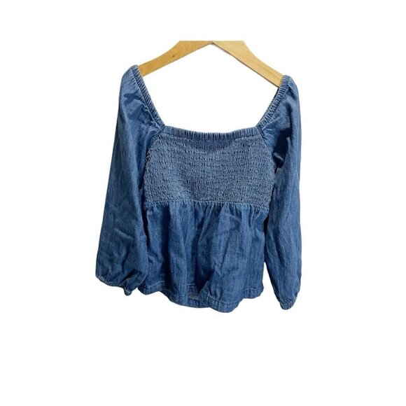 Old Navy Girls S 6/7  Blue Denim Smocked Top Open Back Tie Long Sleeved - Picture 1 of 4